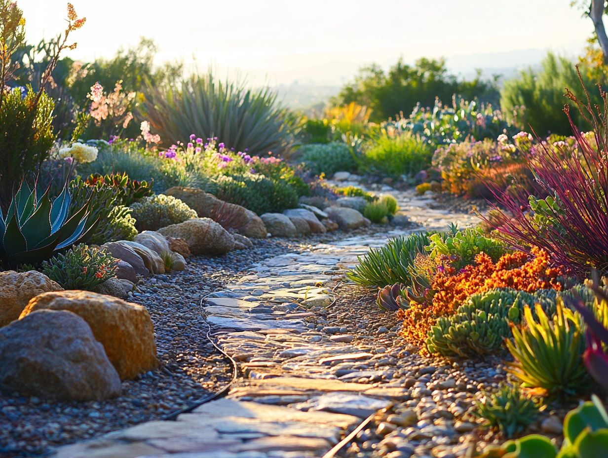 Illustration of drought-resistant landscaping with various plants.