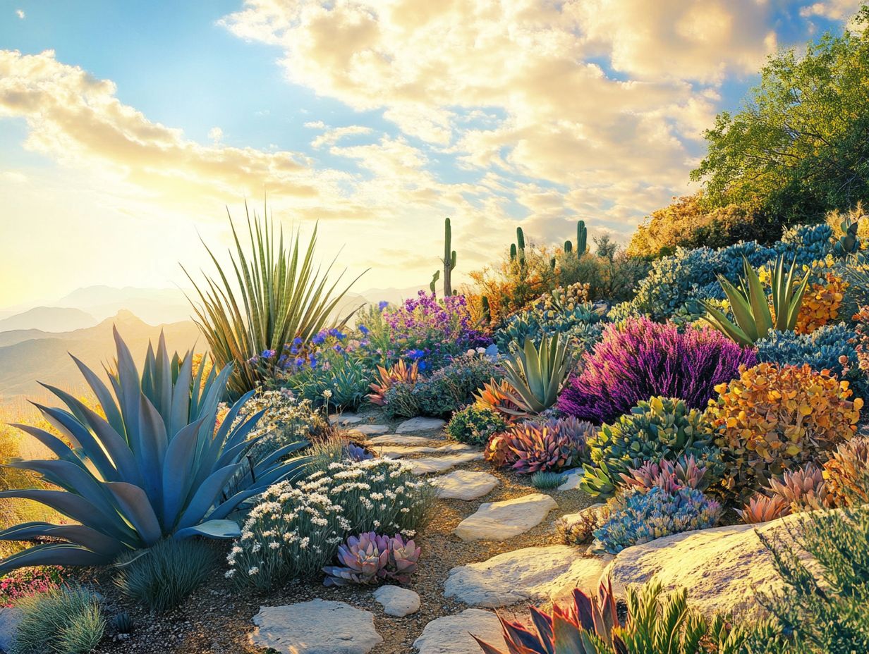 A guide on caring for drought-resistant plants with a vibrant garden image.