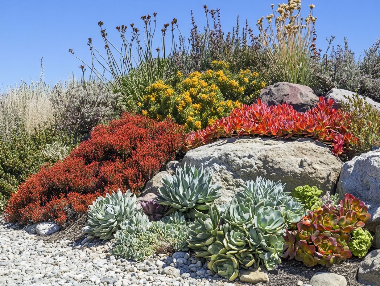 A vibrant drought-resistant garden featuring yarrow and butterfly bush.