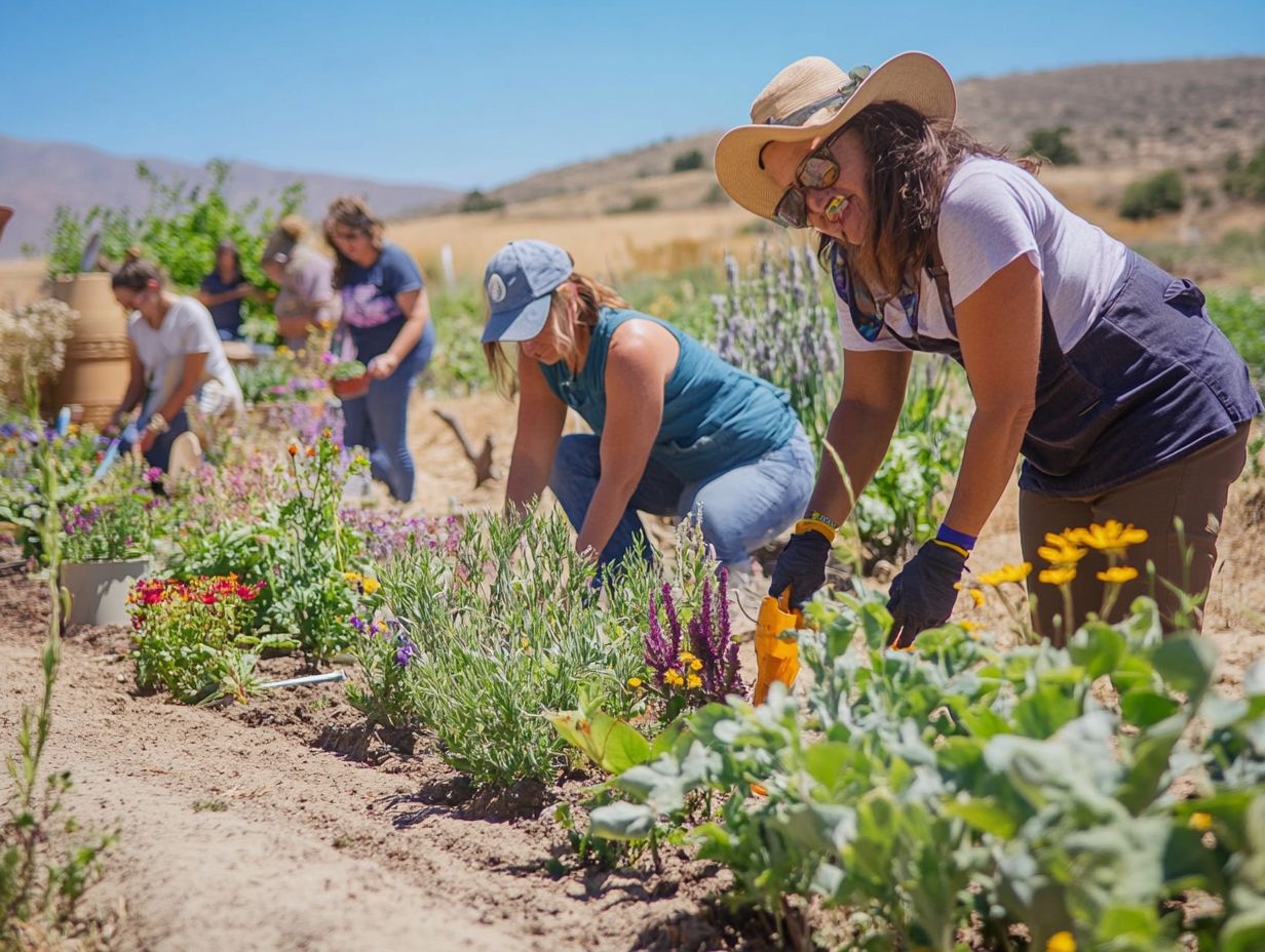 Illustration of various drought gardening techniques for improved plant health.