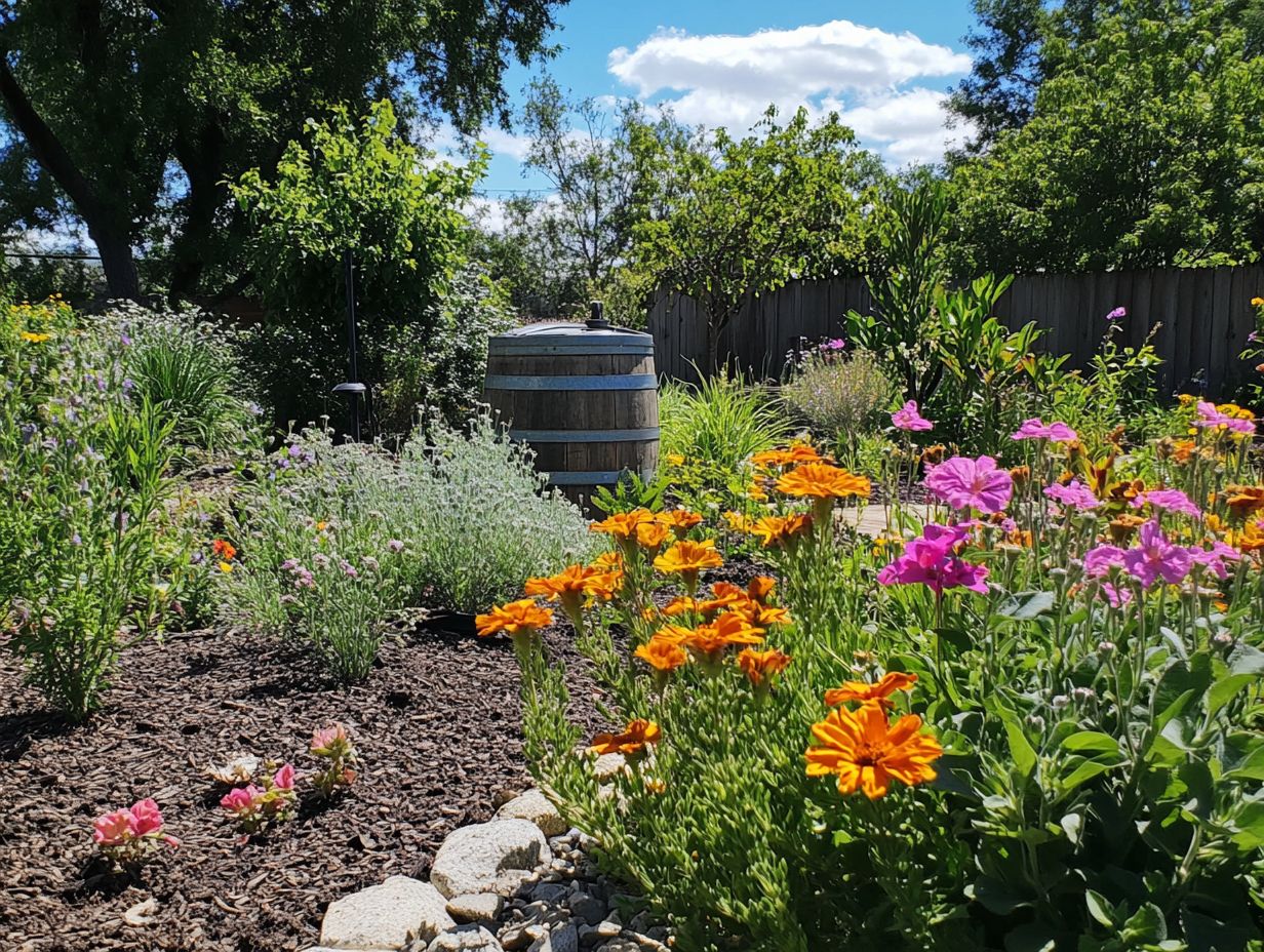 An illustration of various water conservation techniques in gardening