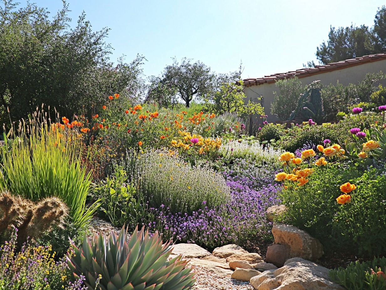 A lush garden showcasing the mix of drought-resistant and traditional plants.