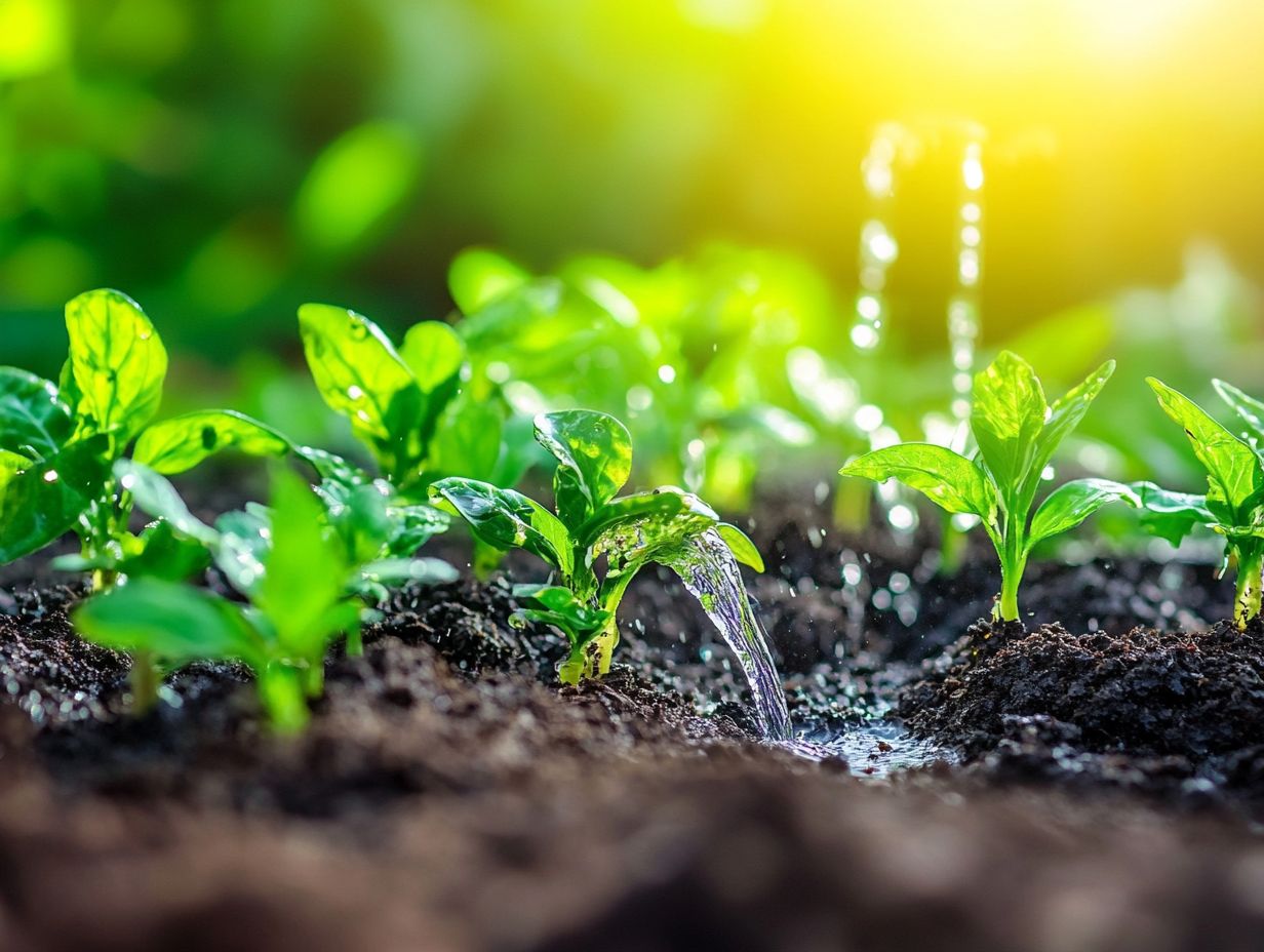 Illustration of drip irrigation conserving water in a garden.