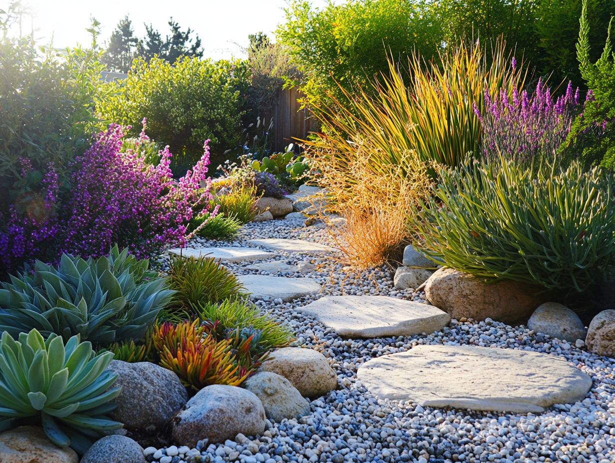 Visual representation of effective layout and planting strategies for drought-resistant gardens