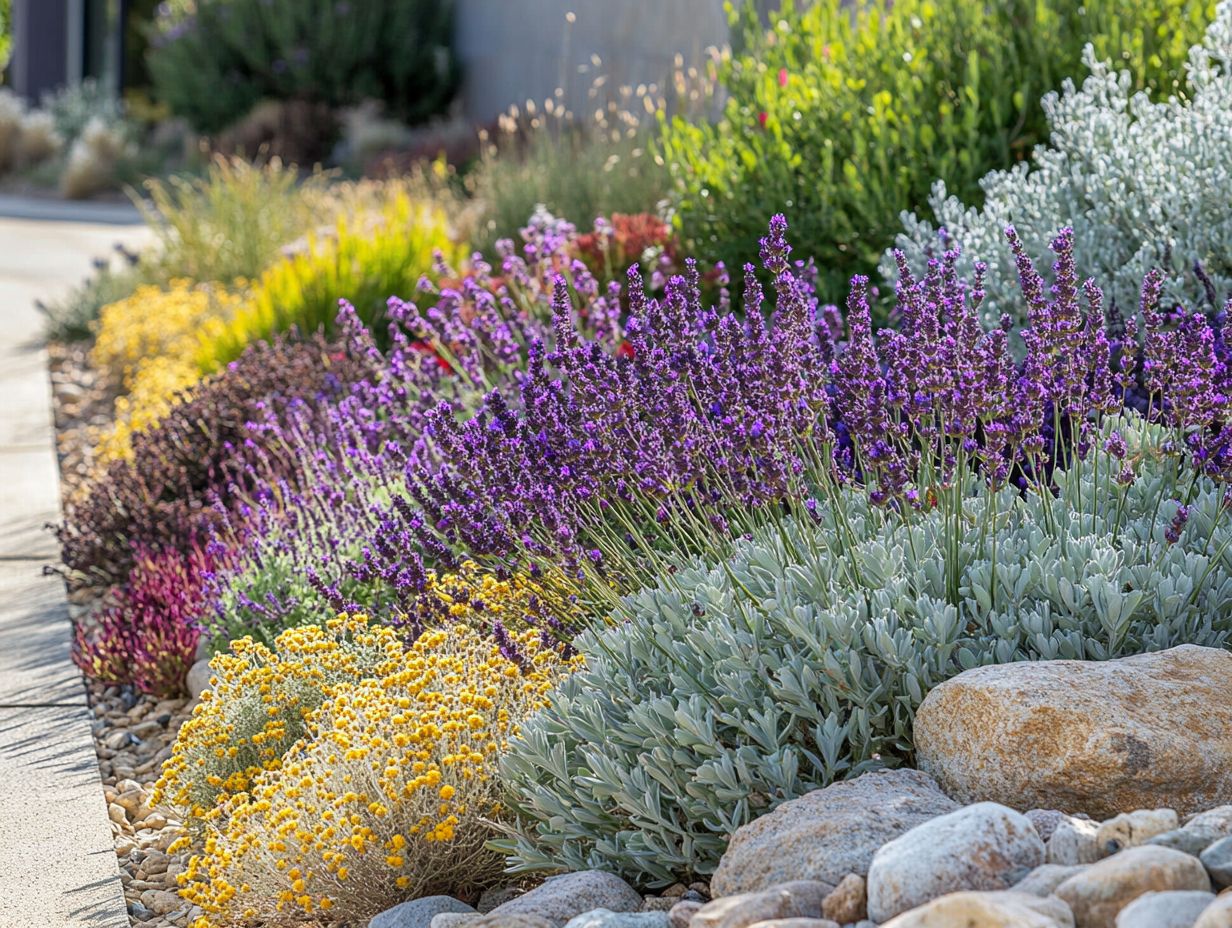 Examples of drought-tolerant perennials including lavender, sedum, yarrow, Russian sage, and coneflower.