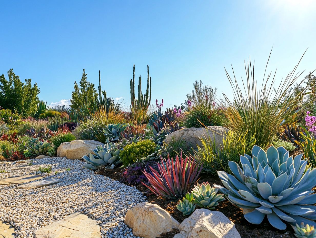 A vibrant drought-resistant garden showcasing various native plants and effective moisture retention techniques.