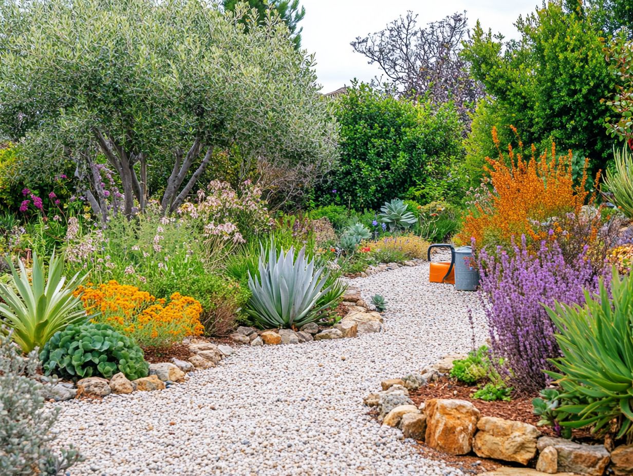 Illustration of a drought-resistant garden layout showcasing water-saving techniques