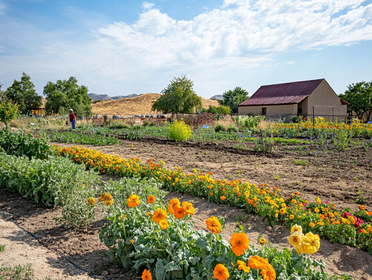 A community garden with diverse plants and engaged community members