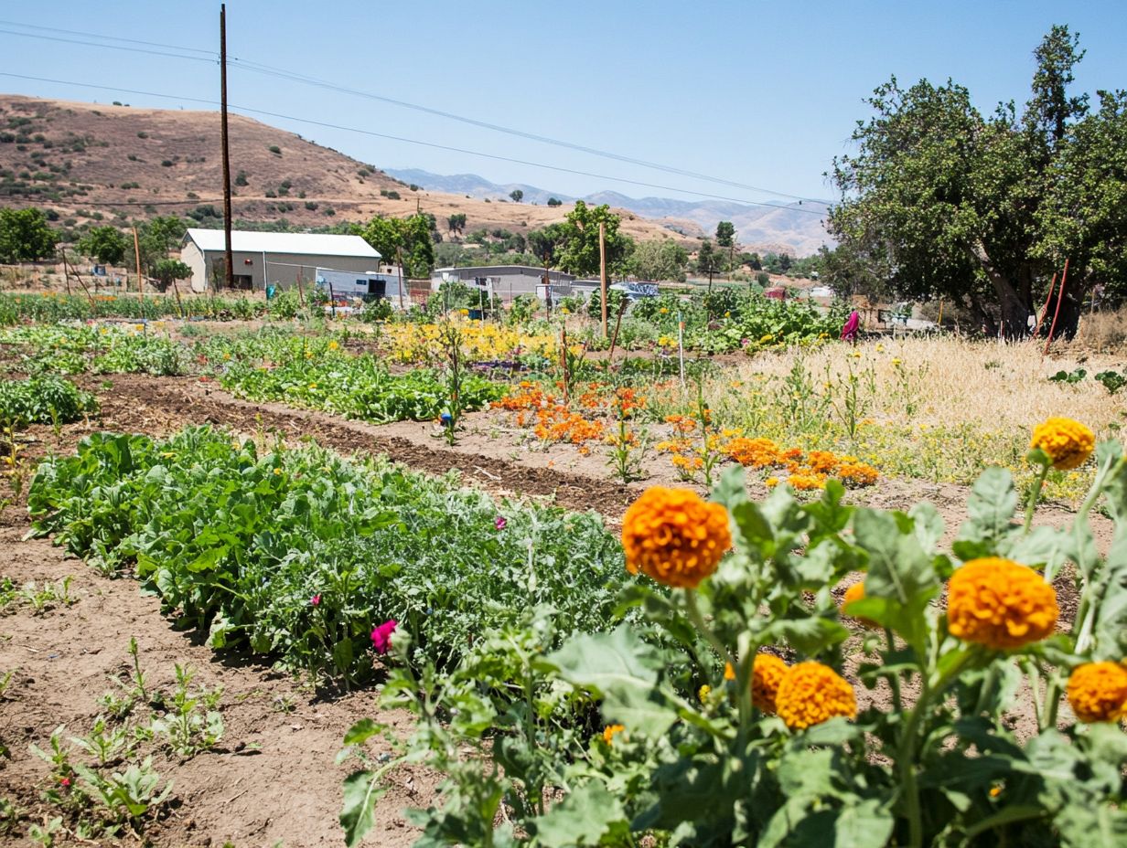 A community garden with diverse plants and engaged community members