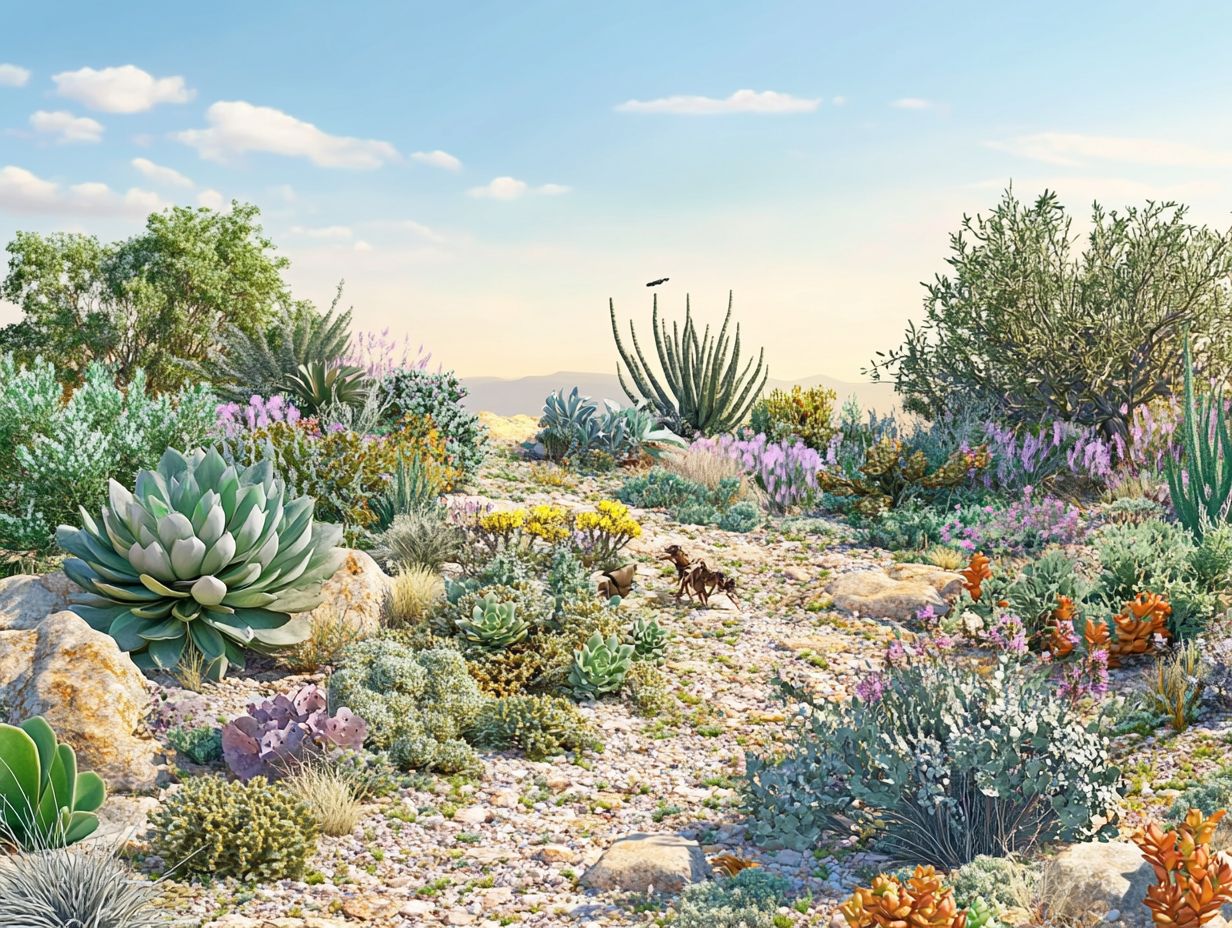 A vibrant garden filled with drought-resistant plants that enhance biodiversity.