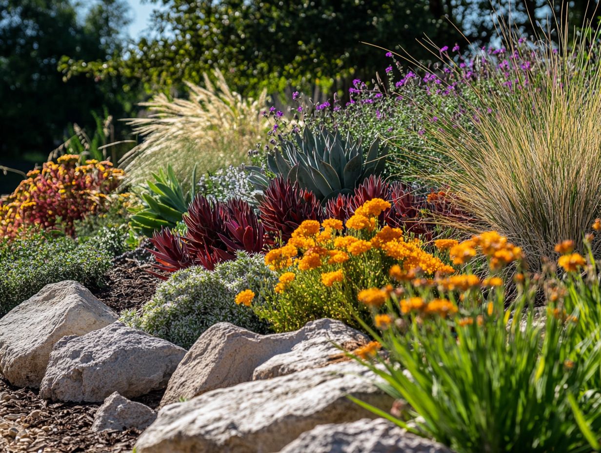 A beautiful garden featuring drought-resistant plants in vibrant colors.