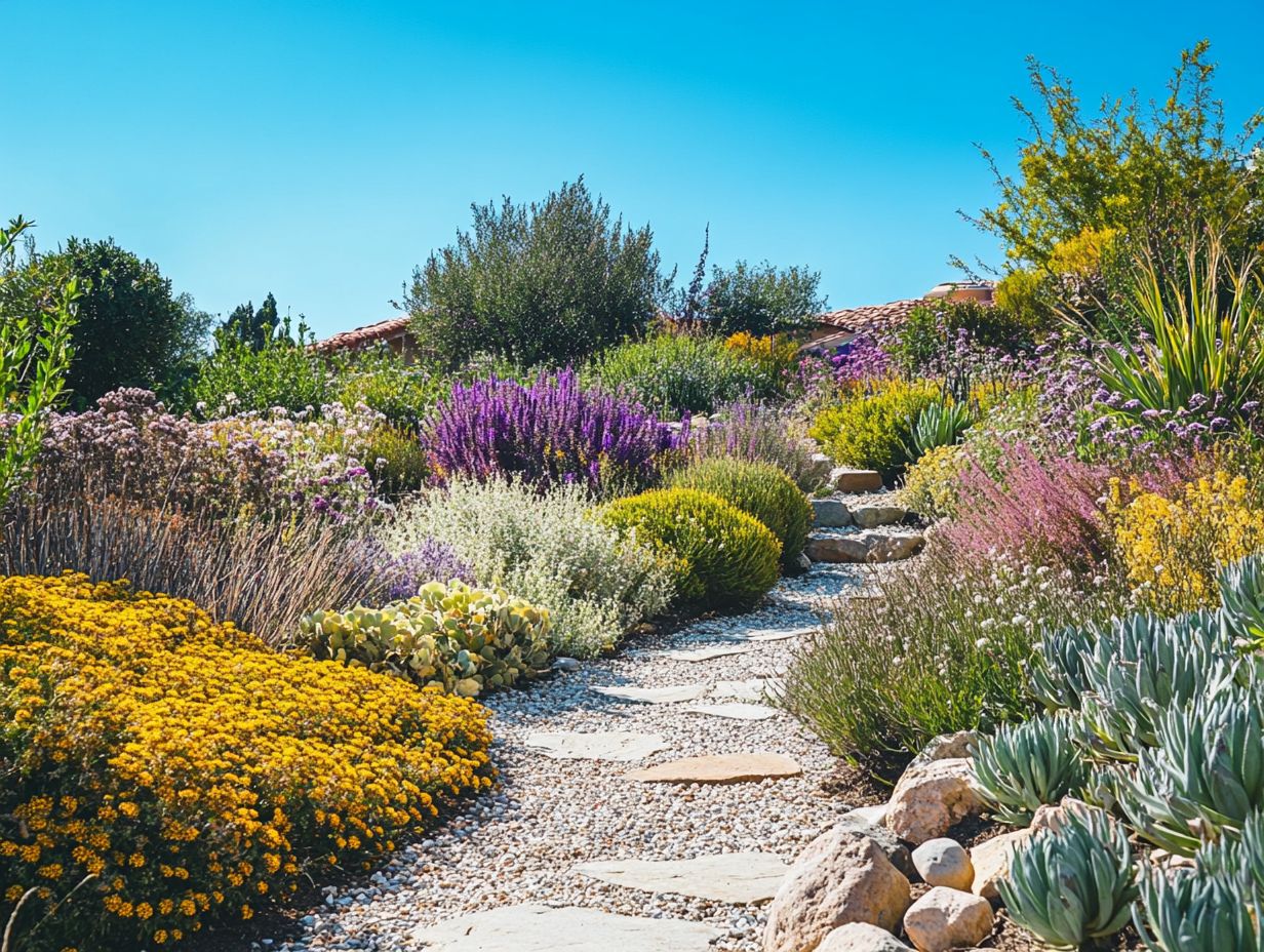 Common terms used in drought-tolerant landscaping including xeriscaping, native plants, mulching, and drip irrigation.