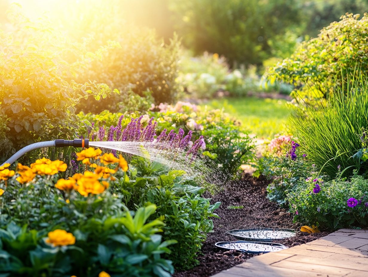 A vibrant garden with efficient sprinkler systems in use.