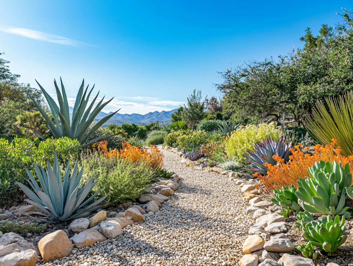 Visual guide on implementing xeriscaping with drought-resistant plants and efficient irrigation.