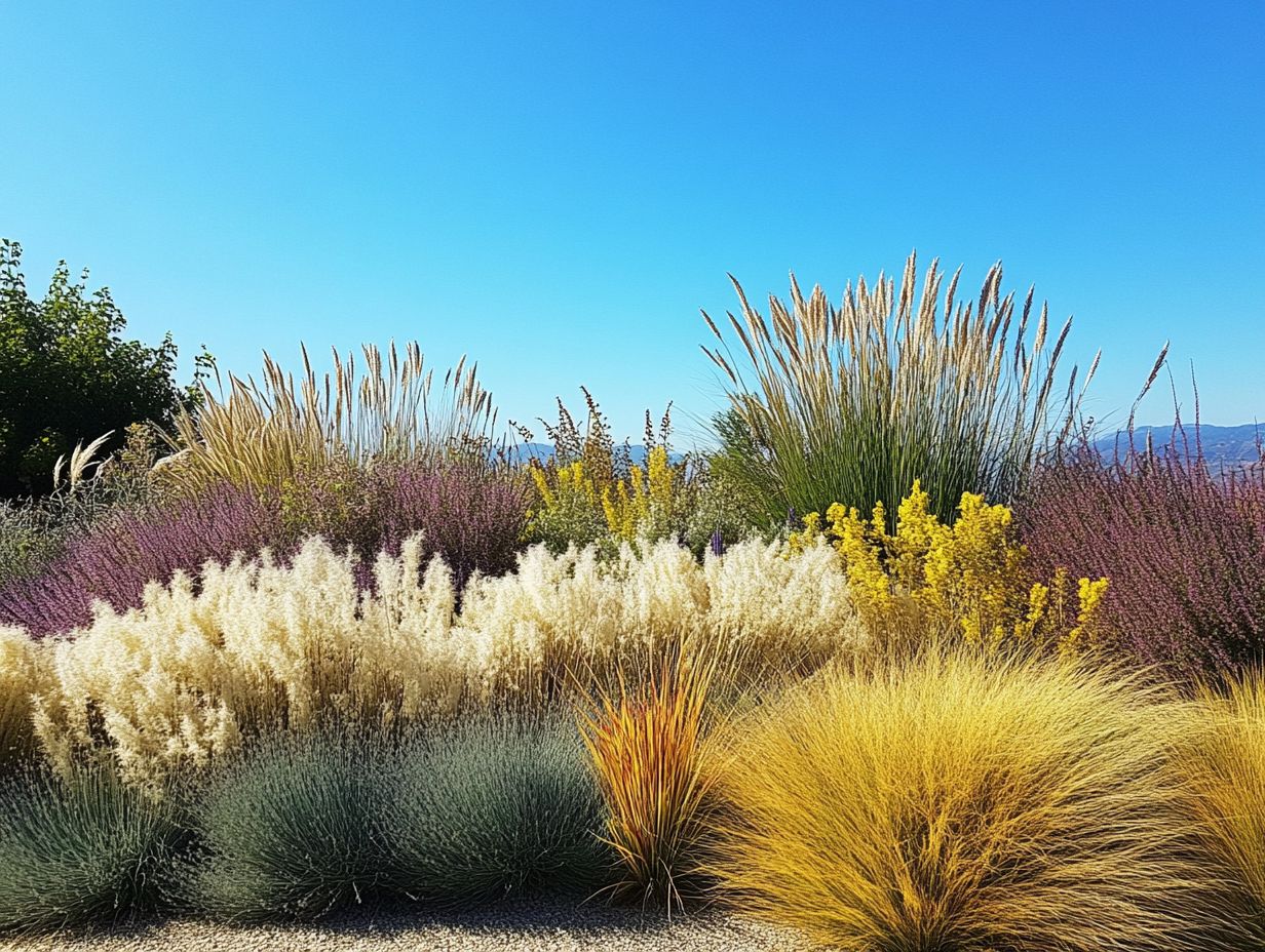 Diverse varieties of drought-tolerant grasses thriving in a sunny landscape