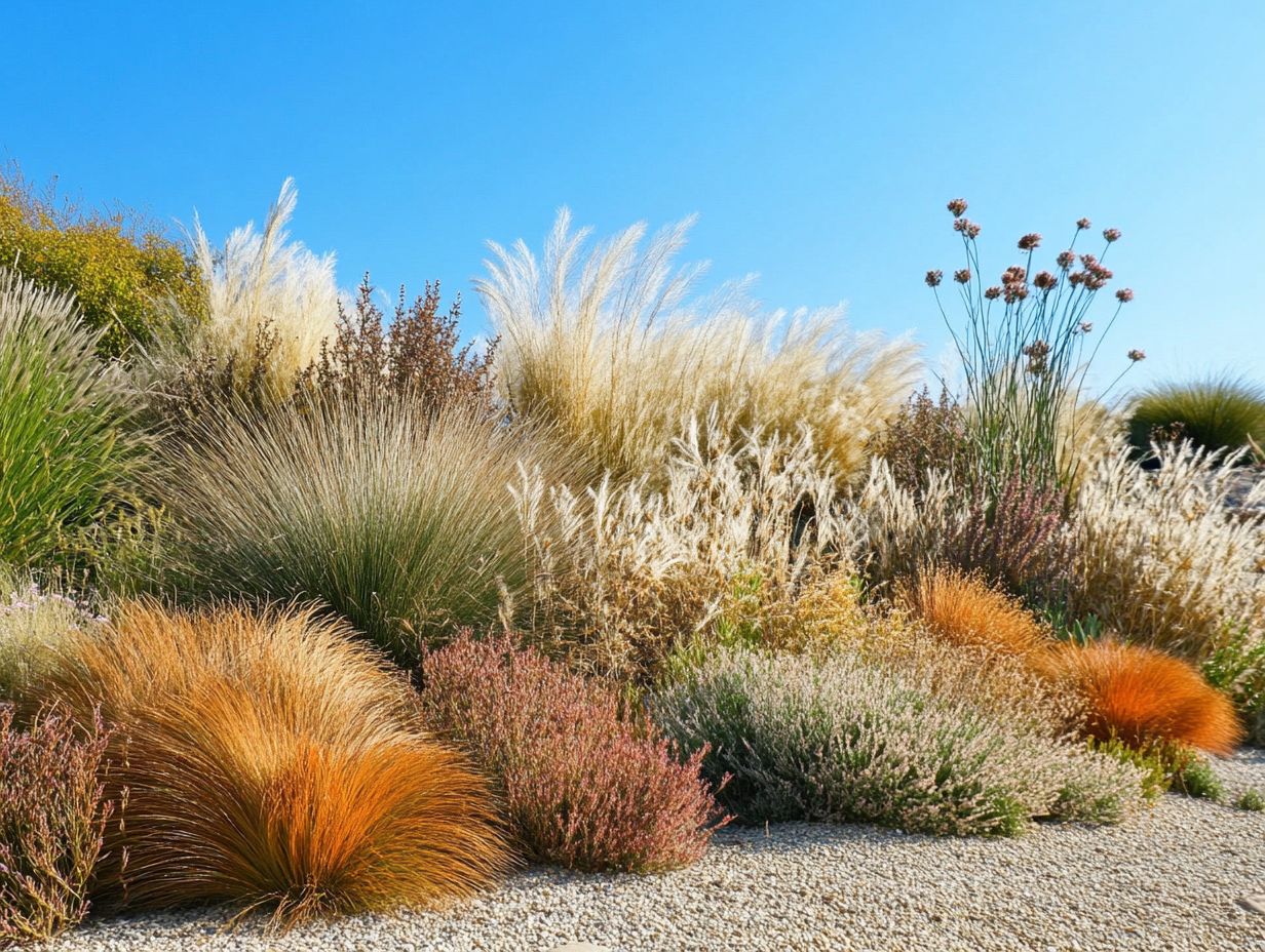 Diverse varieties of drought-tolerant grasses thriving in a sunny landscape